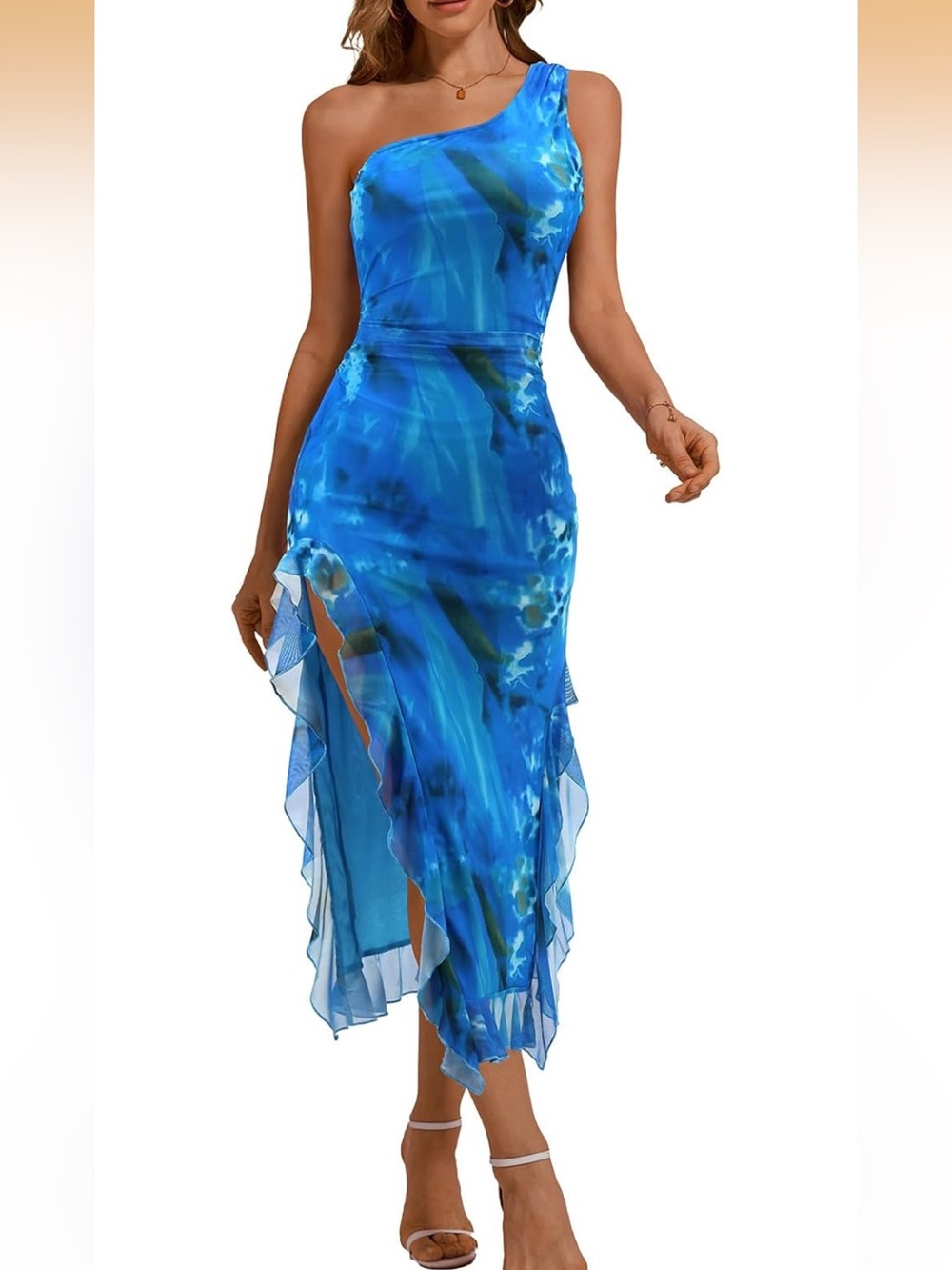 DRESSTELLS Blue Tie-Dye One-Shoulder Dress, Size L, NWT